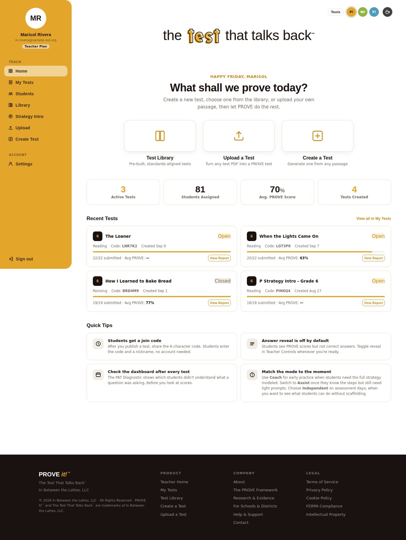 Teacher home page with a gold left rail, four summary boxes (3 active tests, 81 students assigned, 65% average PROVE score, 4 tests created) and four recent test cards with join codes