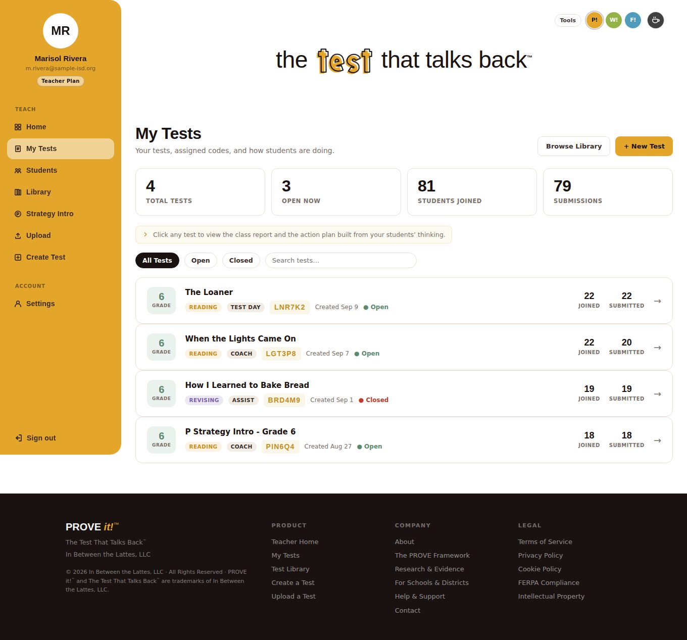 My Tests page listing four tests with grade badges, section and mode tags, join codes, created dates, open or closed status, and joined and submitted counts