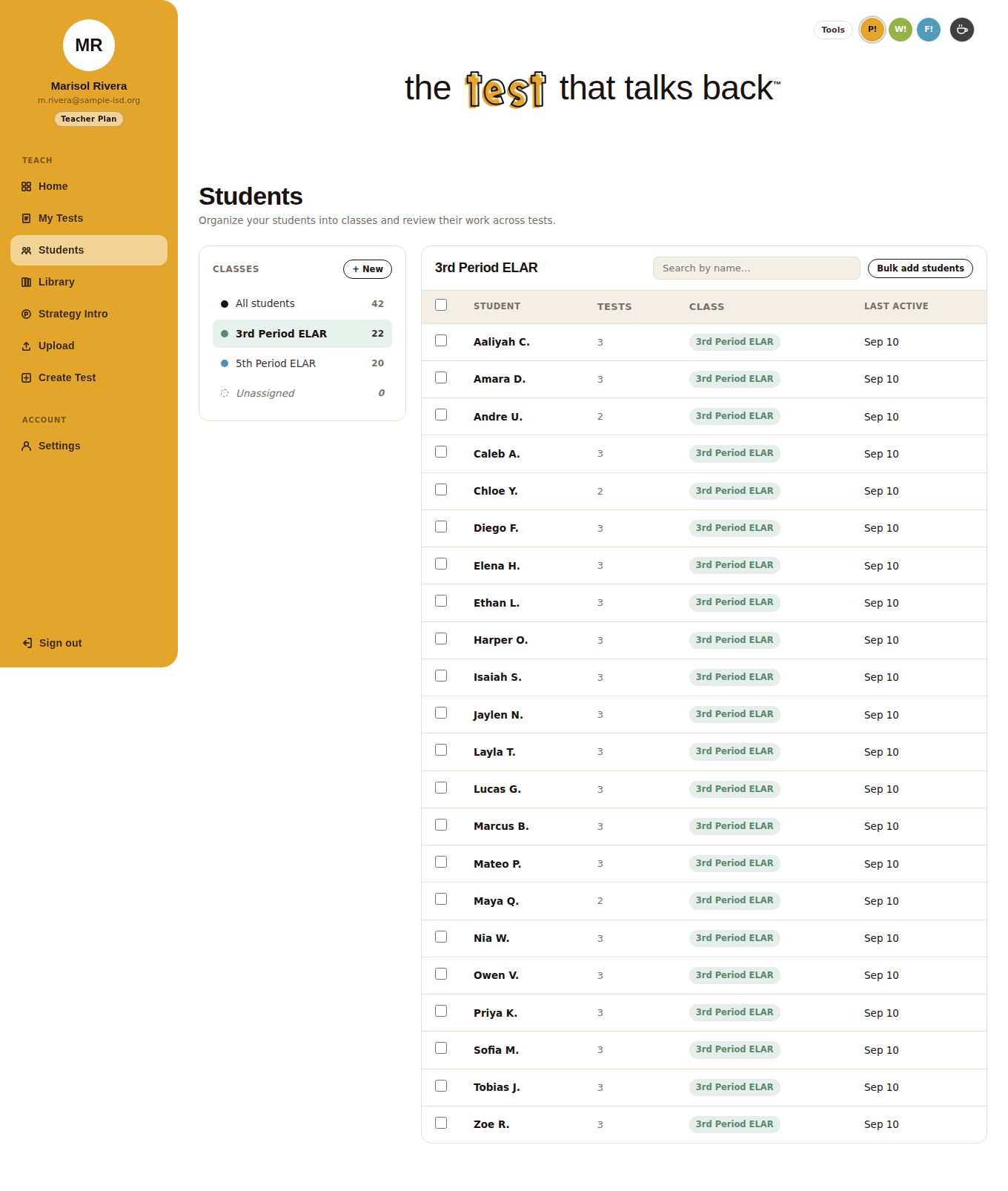 Students page with a class list (All students 42, 3rd Period ELAR 22, 5th Period ELAR 20) and a roster table of 22 students showing tests taken, class chip and last active date