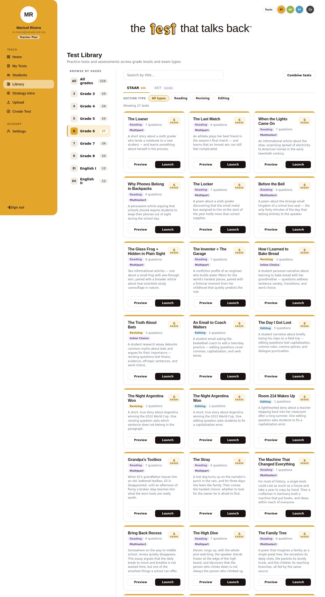 Test Library with grade filters down the left, Grade 6 selected showing 27 tests, and a grid of test cards each with section tag, question count, description, Preview and Launch buttons