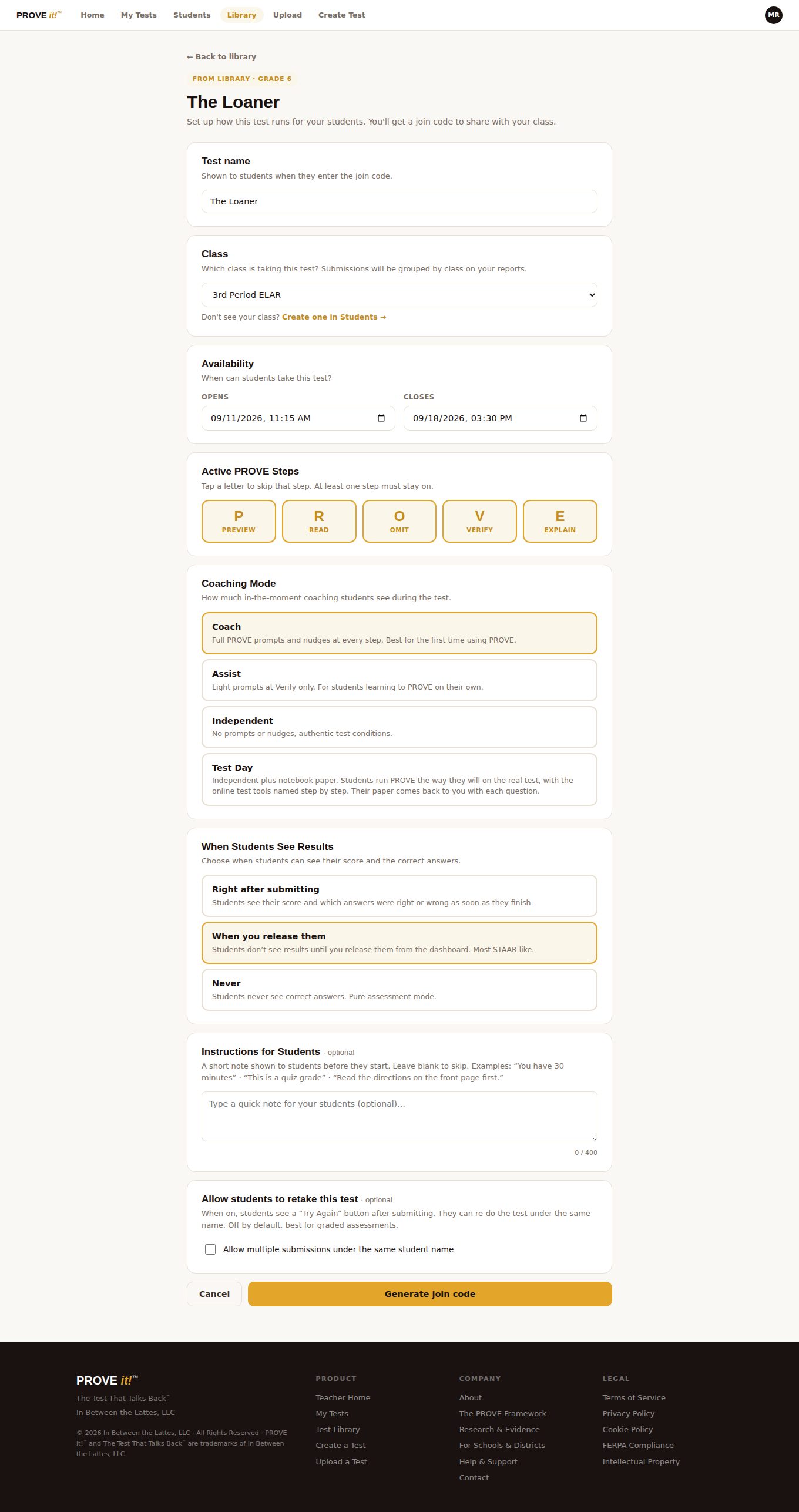 Test settings form for The Loaner: test name, class picker set to 3rd Period ELAR, availability dates, five PROVE step toggles, four coaching mode cards including Test Day, three result-reveal options, optional instructions, and a retake checkbox