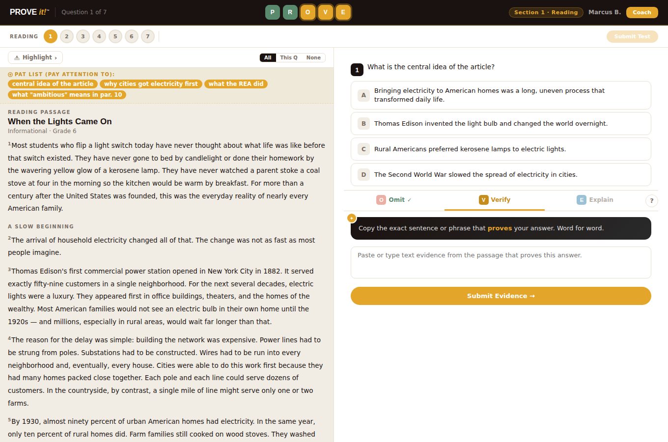 Student test screen in Coach mode: P R O V E step buttons in the top bar, a PAT list and the reading passage on the left, question 1 with four choices on the right, and the Verify tab open asking for exact text evidence