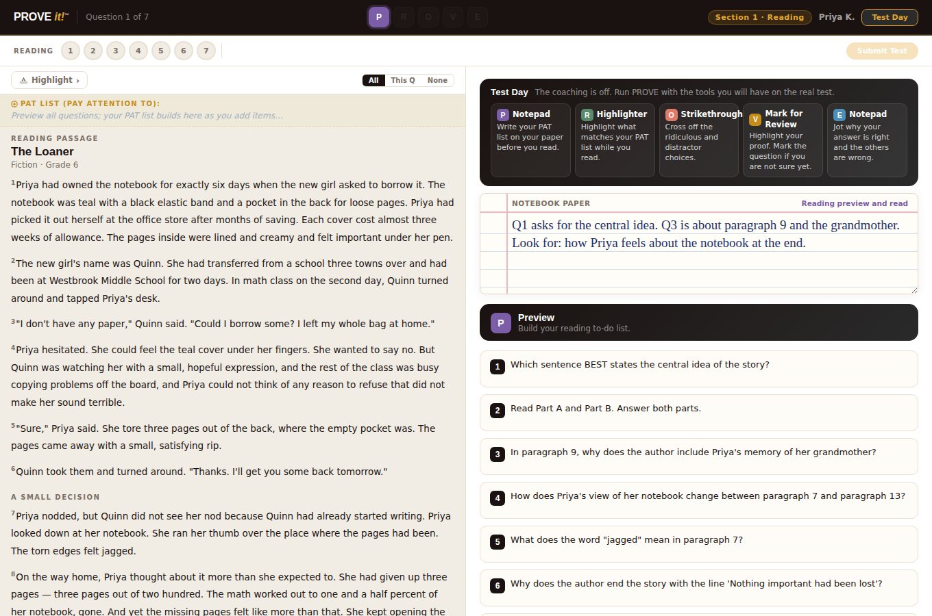 Student test screen in Test Day mode: a dark strip mapping P R O V E to Notepad, Highlighter, Strikethrough, Mark for Review and Notepad, a lined notebook paper area with handwritten-style notes, and the question list below