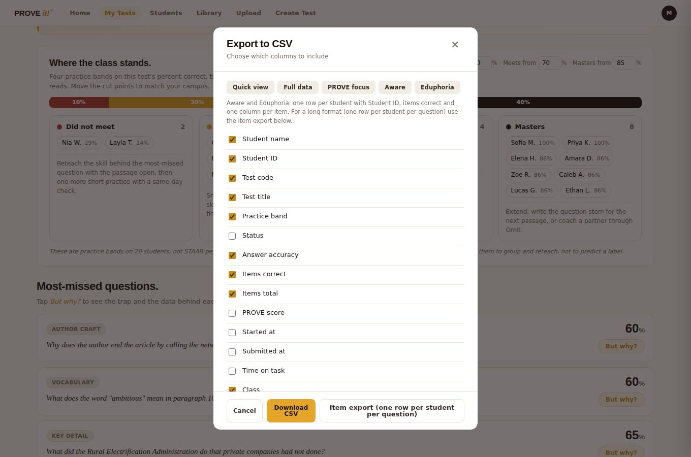 Export to CSV dialog over the class report with preset buttons (Quick view, Full data, PROVE focus, Aware, Eduphoria), a checklist of columns, and Download CSV and item export buttons