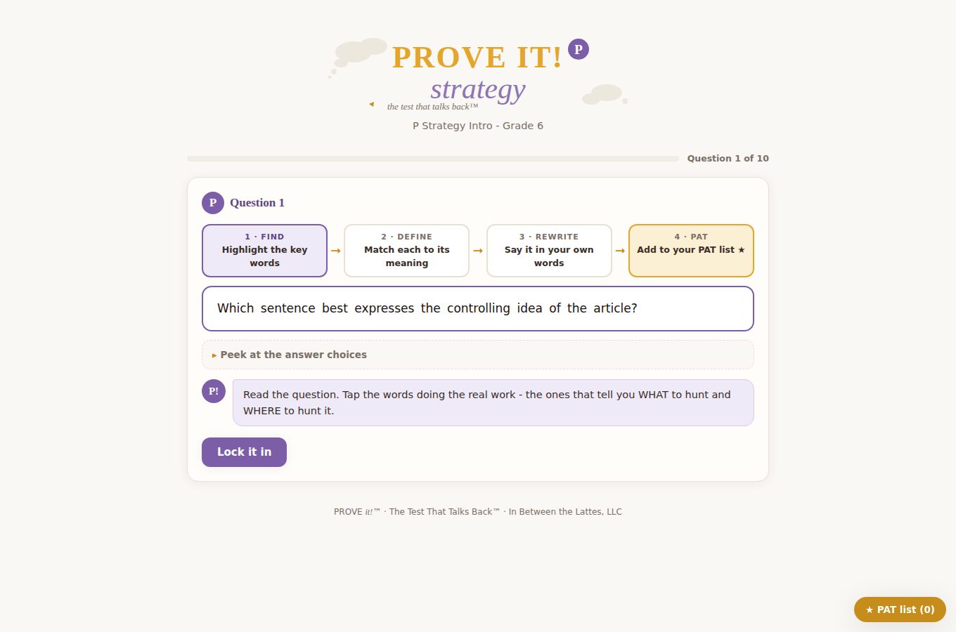 P Strategy Intro activity, question 1 of 10, with four stages (Find, Define, Rewrite, PAT), a question to mark up, a coaching note and a Lock it in button