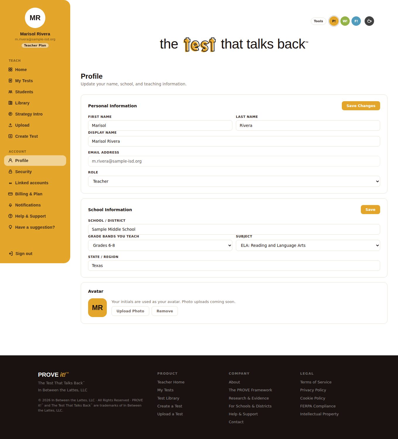 Account settings page with a left rail of sections (Profile, Security, Linked accounts, Billing and Plan, Notifications, Help and Support, Have a suggestion) and profile and school information forms
